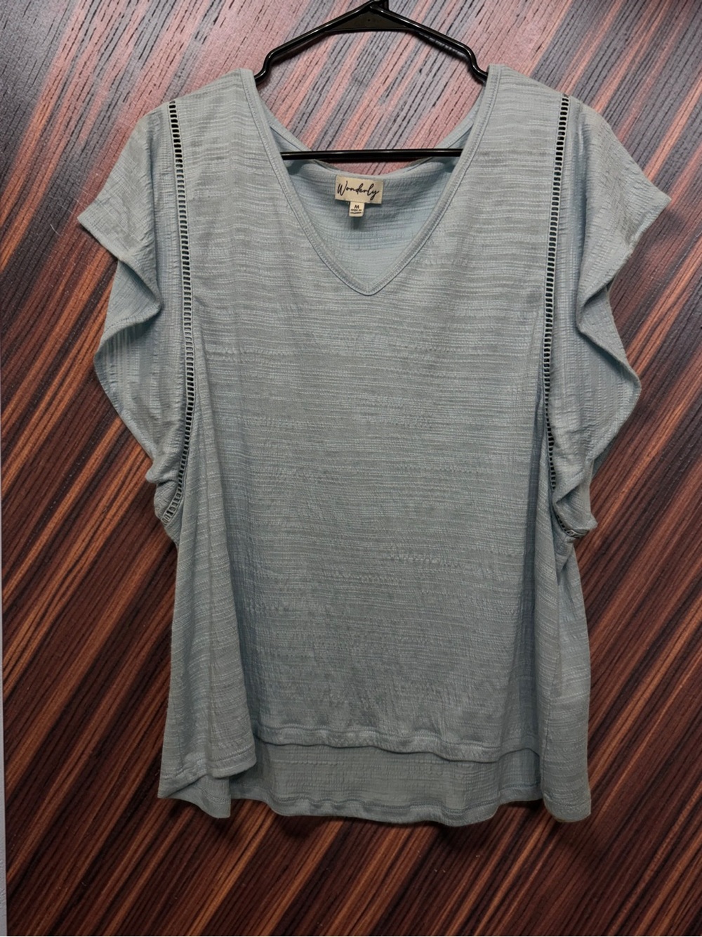 Wonderly Sky Blue V-Neck Ruffled Sleeve Knit Top